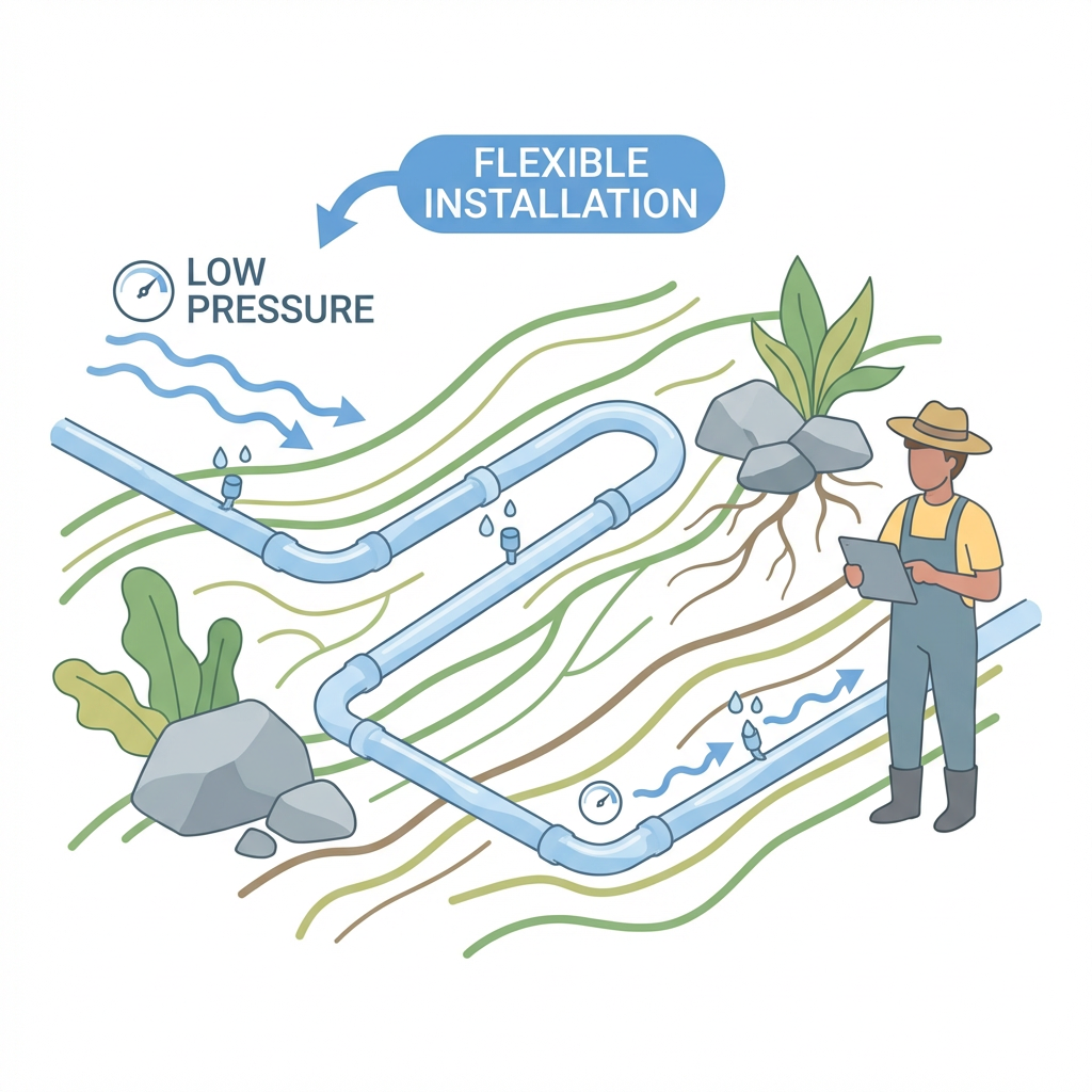 Science illustration showing flexible installation of LDPE irrigation pipes in agricultural environments