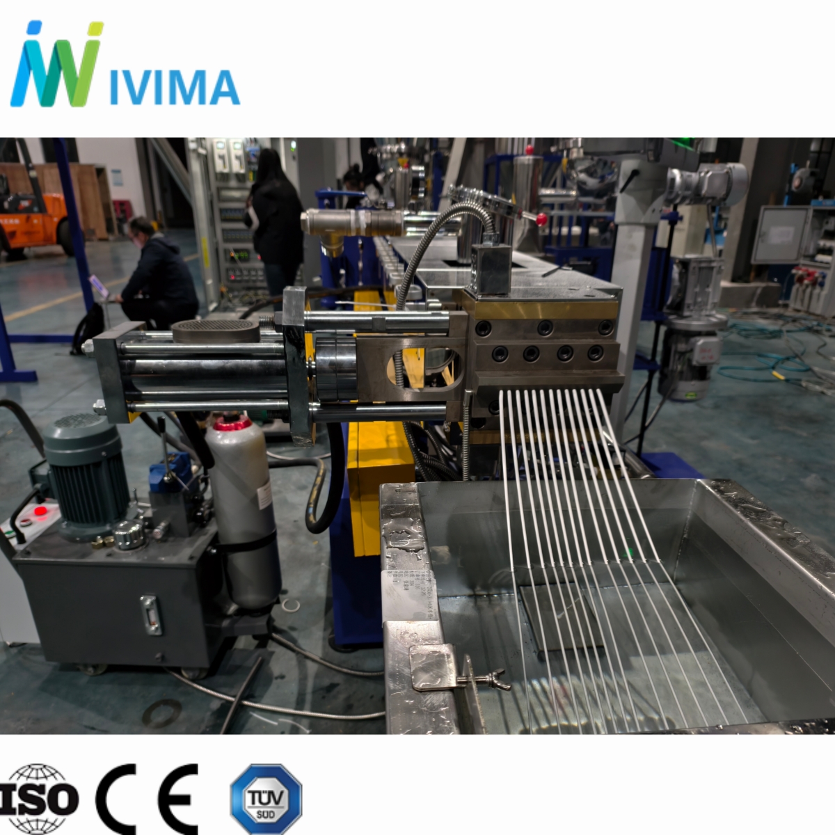 Continuous polymer strands drawn through a water cooling bath in a strand pelletizing line