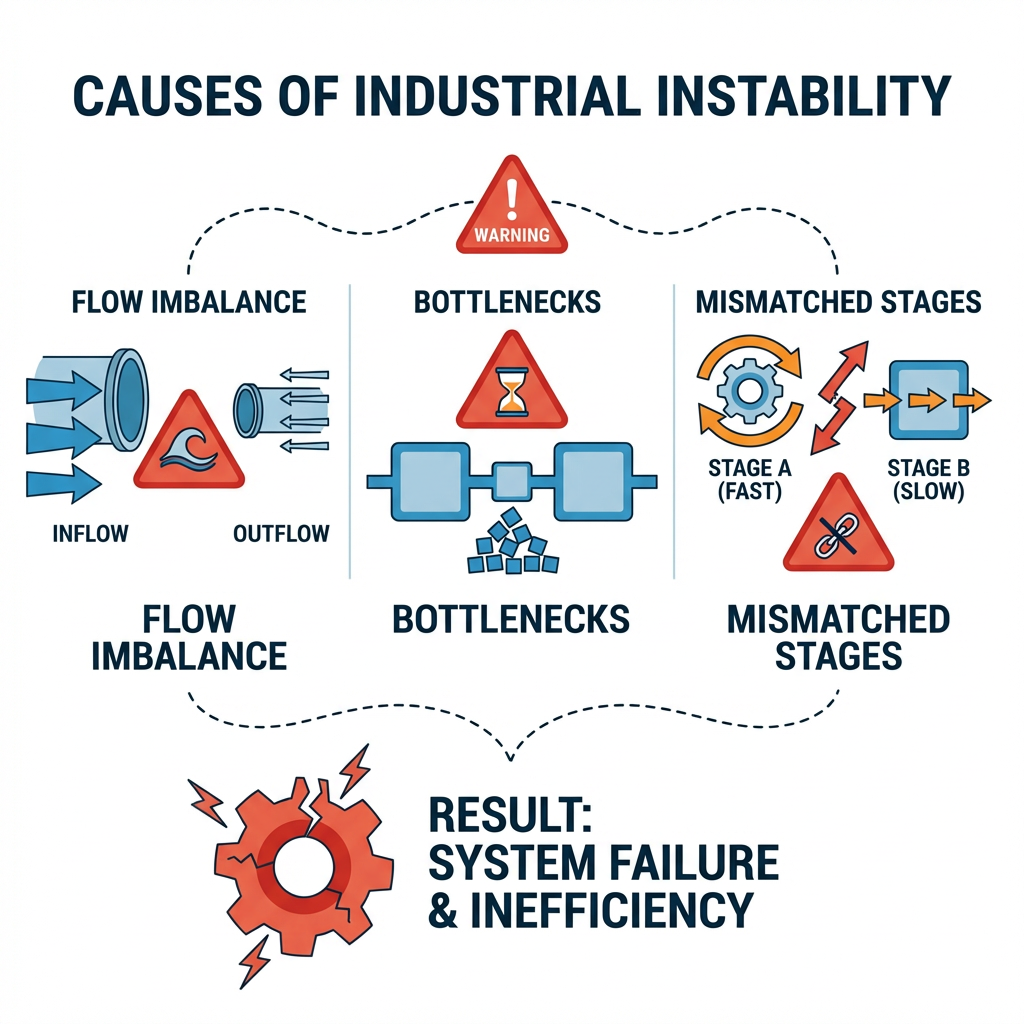 Illustration showing common sources of instability in industrial plastic processing systems