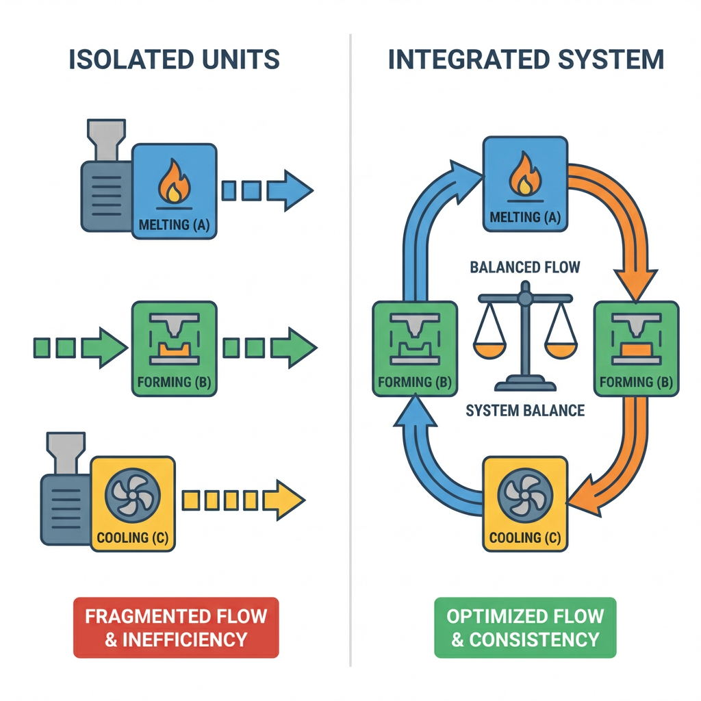 Comparison between individual machines and integrated systems in plastic processing