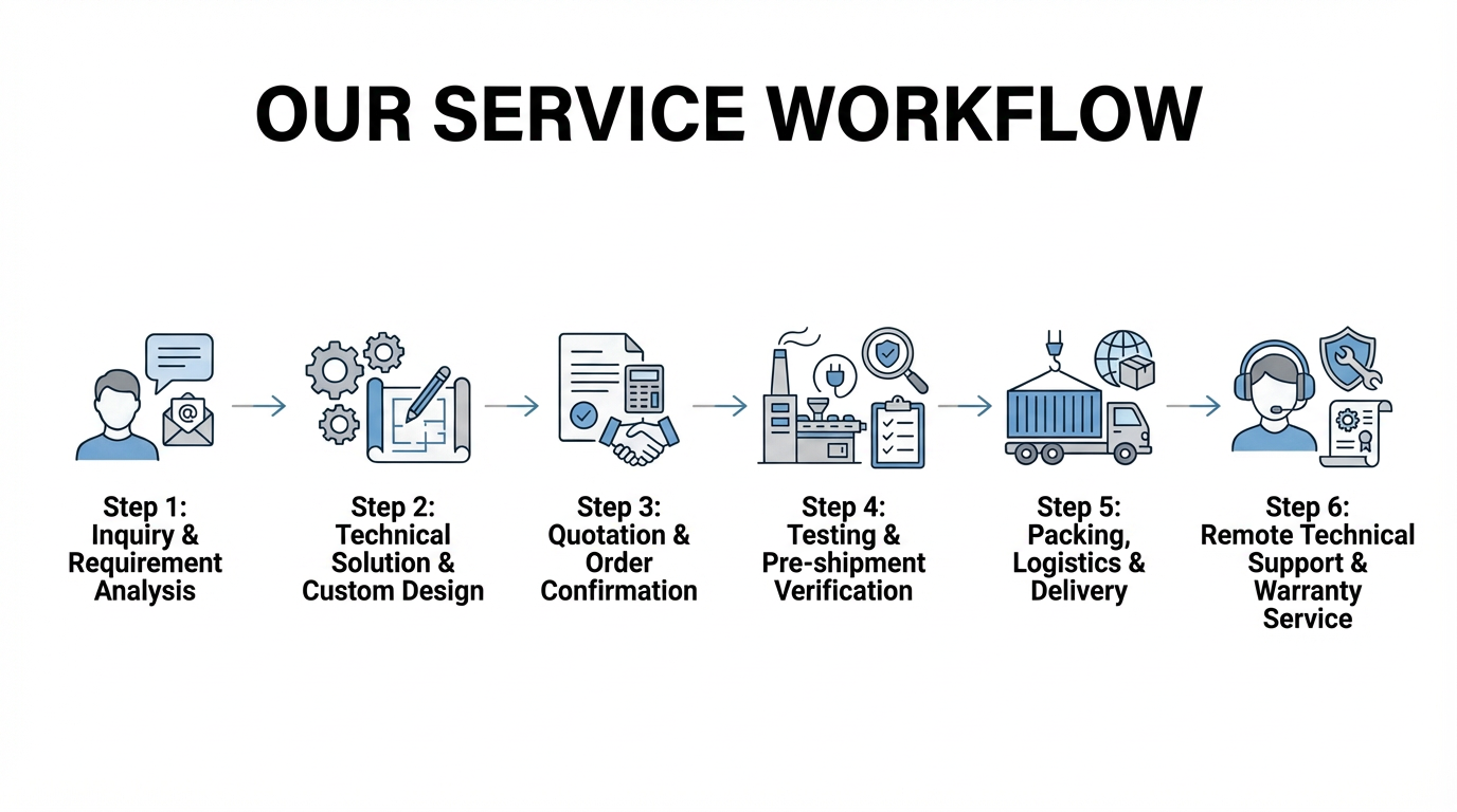 Standardized service process for SJSZ PVC pipe extrusion line including consultation, manufacturing, delivery, and global installation