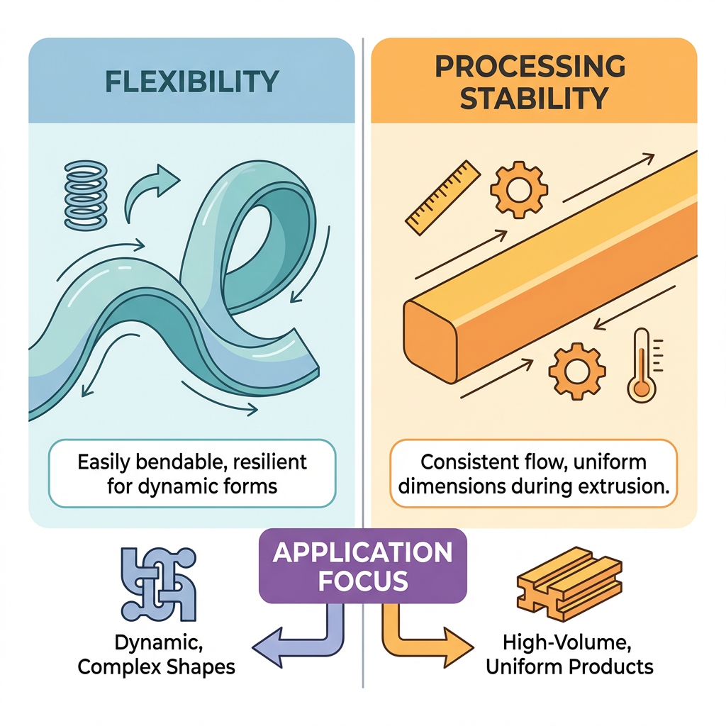 Comparison diagram showing flexibility and processing stability of LDPE materials for irrigation pipes