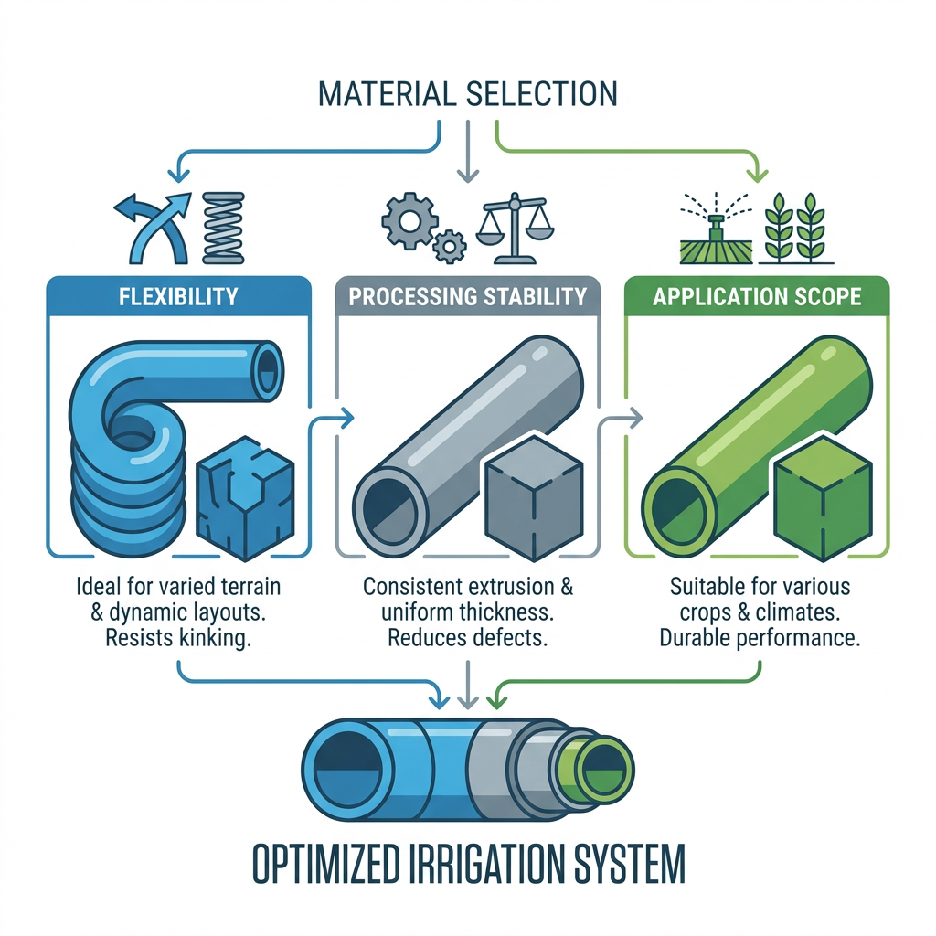 Technical infographic explaining LDPE material selection for agricultural irrigation pipes