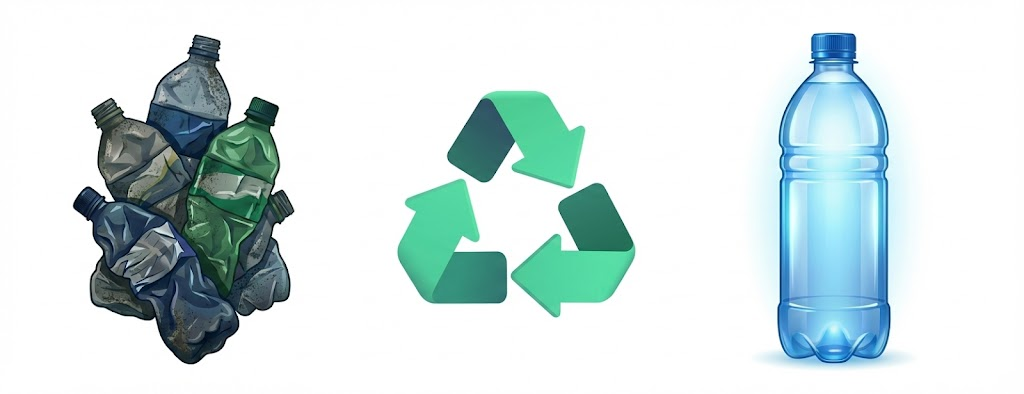 Transformation from discarded PET bottles to recycled bottles through the recycling process