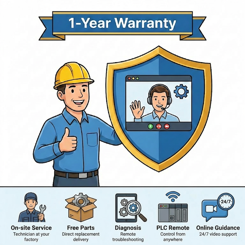 One year remote warranty support for plastic production equipment including spare parts supply and technical assistance