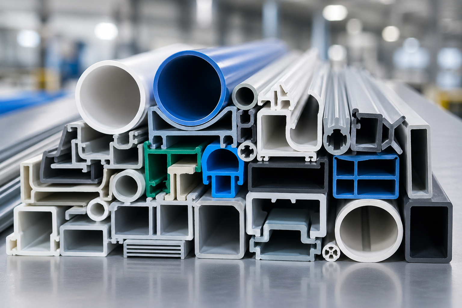 A modern plastic extrusion production line manufacturing various constant cross-section thermoplastic profiles.