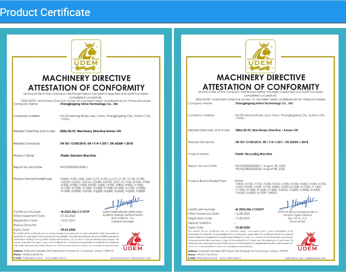 Machinery directive attestation of conformity certificate for plastic production equipment and industrial machinery