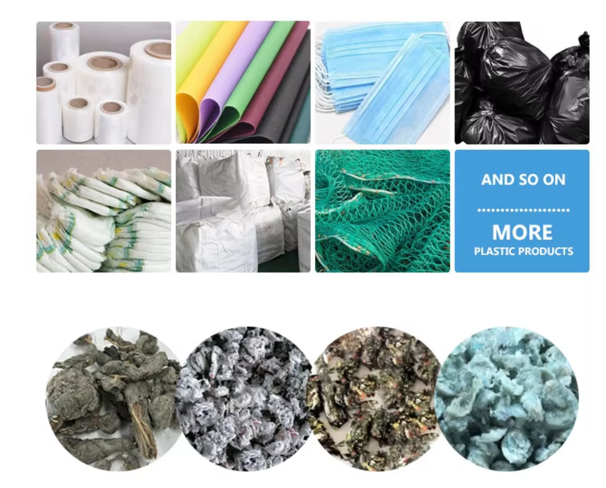 Image showing typical soft plastic waste materials and the compacted output produced by a plastic film squeezing and compacting machine.