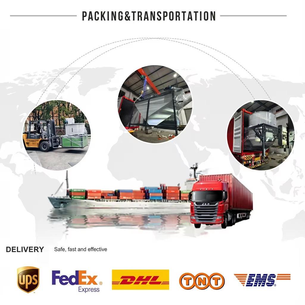 This image shows the packing and transportation process of plastic extrusion machinery, including forklift handling, container loading, and international shipping by truck and sea freight.