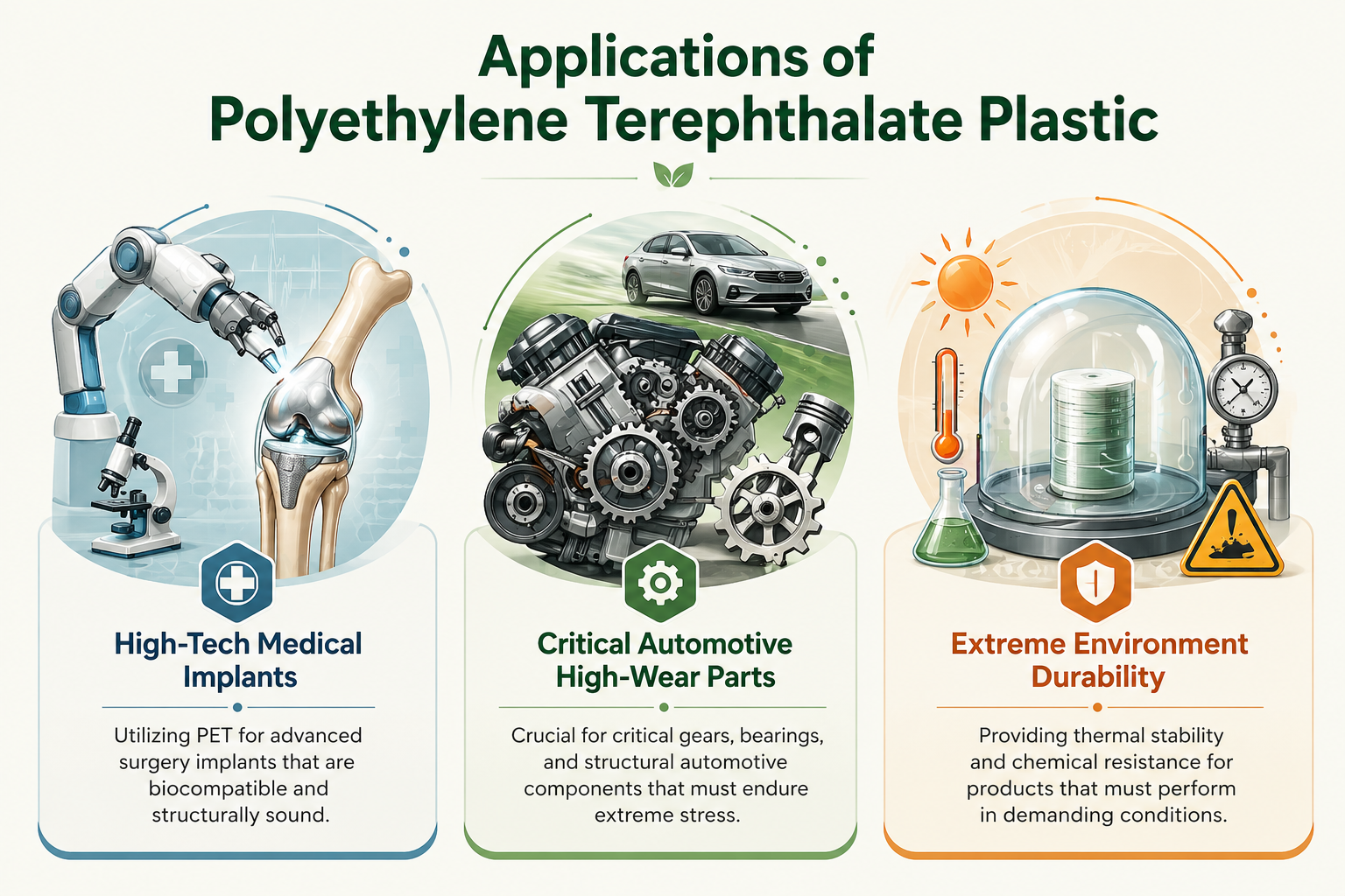 Infographic illustrating advanced applications of polyethylene terephthalate (PET) plastic, including high-tech medical implants, critical automotive high-wear parts, and durability in extreme environments.